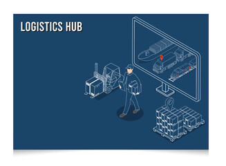 3D isometric Set of logistics Hub solutions concept with Global Logistics, Warehouse Logistics, Maritime Transport, Online delivery, Export and Import. Vector illustration eps10
