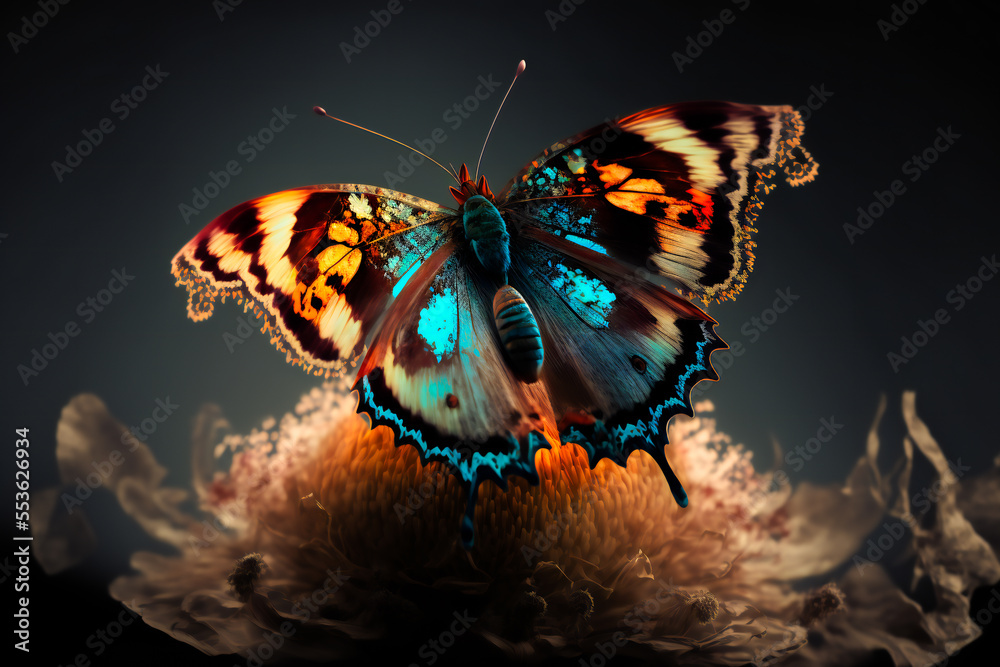 Wall mural beautiful butterfly on a flower on a black background. image created with generative ai technology.