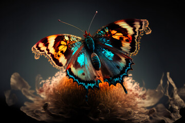Beautiful  butterfly on a flower on a black background.  Image created with Generative AI technology.