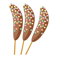 bananas in chocolate on a skewer are decorated with icing and colored sprinkles on a white background separately