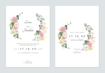 Floral wedding invitation card template design, various flower wreath on white