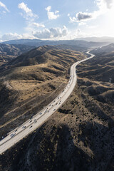 Vertical aerial view of the 14 freeway near Santa Clarita and Agua Dulce in Los Angeles County, California.