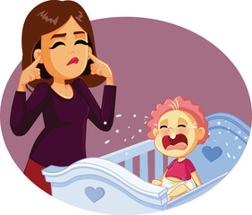 Negligent Mother Ignoring Her Baby Crying Vector Cartoon. Mom covering her ears exasperated by the loud cry sound
