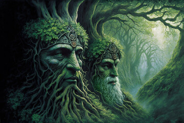 A lush green forest with trees with faces.