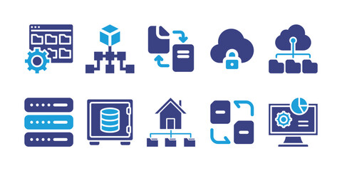 Fototapeta na wymiar Data icon set. Duotone color. Vector illustration. Containing cloud computing, security, convert, hierarchical, folder management, data management, transfer data, data warehouse, data protection.