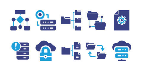 Data icon set. Duotone color. Vector illustration. Containing data network, data exchange, data storage, data flow, cloud data, data transfer, data security, issue.