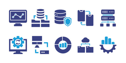 Data icon set. Duotone color. Vector illustration. Containing data server, data transfer, secure data, data network, data analytics, data management, data visualization, data processing.