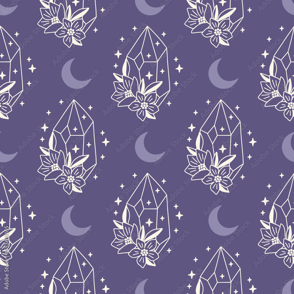 Wall mural mystical vector seamless pattern with celestial crystal, moon. boho digital paper. hand drawn magica