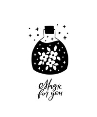Magic potion bottle with celestial elixir or poison. Mystic jar vector illustration. Hand drawn esoteric alchemy symbol isolated on white background. Black witch brew with flower, stars.