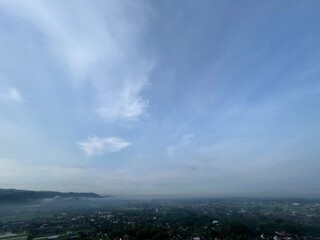 Beautiful aerial view from the top of Gunung Wamgi which is one of tourism destination in Yogyakarta, Indonesia. Photo shows established communities and nature.