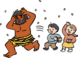 Naklejka premium 豆まきをする子ども達