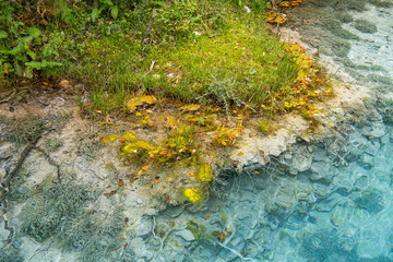 Close up view on the shores of Blue Moon Valley in Jade Dragon Snow Mountain, Lijiang, Yunnan China.