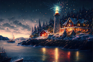 Snowy village with lighthouse over lake