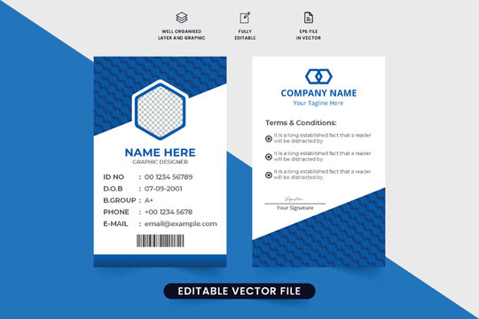 Corporate business identity card vector design with geometric shapes and a photo placeholder. Minimalist ID card design with dark blue color. Professional identity card vector for school or office.