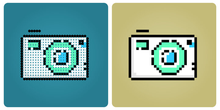 8 bit pixel digital camera. Vector illustration of camera for game assets and beads pattern.