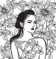 Line art of beautiful woman and flower patterns