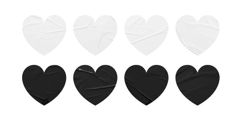 Set of black and white heart shapes stickers mock up blank tags labels, isolated on white background - obrazy, fototapety, plakaty