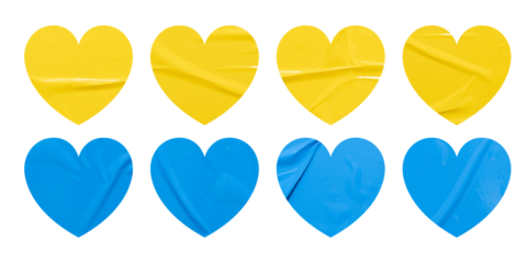 Set of yellow and blue heart shapes stickers mock up blank tags labels, isolated on white background