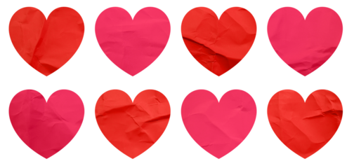 Set of heart shapes red and pink paper stickers, Mock up blank tags labels, isolated on white background