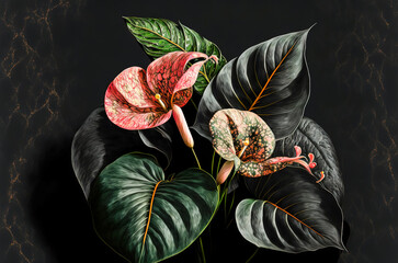 Anthurium flowers. anthurium plants blooming. Anthurium is a heart-shaped flower. The flower is often used at weddings in Hawaii and other pacific islands. Generative AI - obrazy, fototapety, plakaty