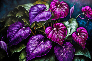 Obraz premium Anthurium flowers. anthurium plants blooming. Anthurium is a heart-shaped flower. The flower is often used at weddings in Hawaii and other pacific islands. Generative AI