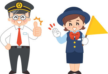 運転手の中年男性とバスガイドの女性