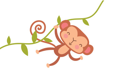 Safari monkey icon. Happy character sitting and holding on to liana. Active lifestyle, fun and jumping. Chimpanzee bungee in jungle. Wildlife and fauna concept. Cartoon flat vector illustration
