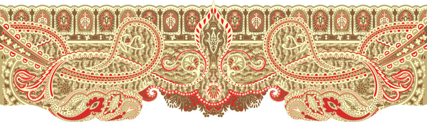 Traditional Paisley Border. Ornamental Red Paisley Print for Textile Design