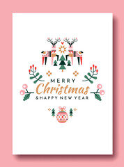 Christmas greeting postcard. New Year and winter season. Minimalistic scarves and Christmas decorations made of abstract and bright patterns. Poster or banner. Cartoon flat vector illustration