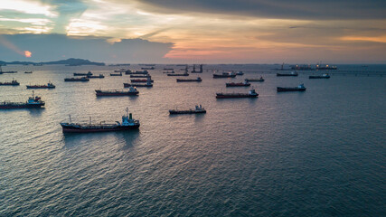 Aerial view oil and gas tanker ship industrial crude oil fuel and petrochemical tanker ship, Global...
