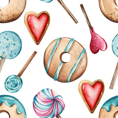 Seamless watercolor pattern. Hand drawn donuts, colorful lollipops and heart shaped cookies on a white background. Design for wrapping paper, valentine's day.
