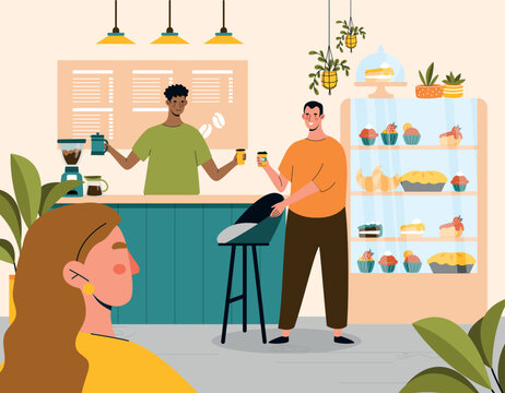 Coffeeshop scene concept. Man receives hot drinks in glass from barista. Waitress and small business owner. Restaurant or cafe menu. Cappuccino, latte and mocha. Cartoon flat vector illustration