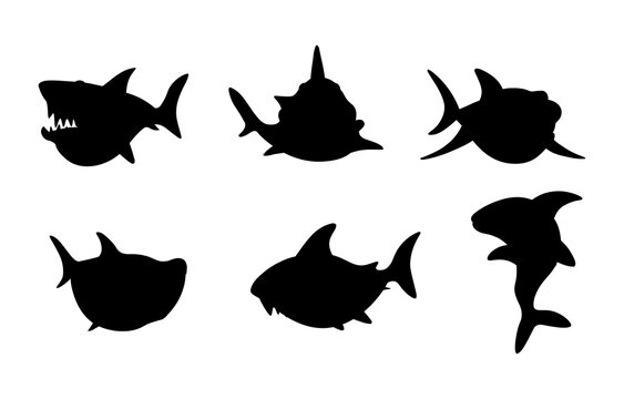 Shark silhouettes set. Collection of stickers for social networks and graphic elements for website. Dangerous marine predator, wildlife. Cartoon flat vector illustrations isolated on white background