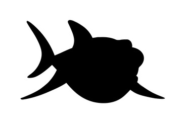 Shark silhouette icon. Sticker for social networks and instant messengers. Dangerous predator with big teeth and fin swims under water. Movement and action concept. Cartoon flat vector illustration