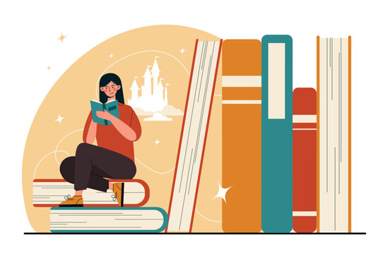 Woman sitting near books. Girl in library. Love for reading and literature, education and training, selfdevelopment. Student preparing for test or examination. Cartoon flat vector illustration