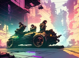 a group of people riding on top of a motorcycle, cyberpunk art, digital art