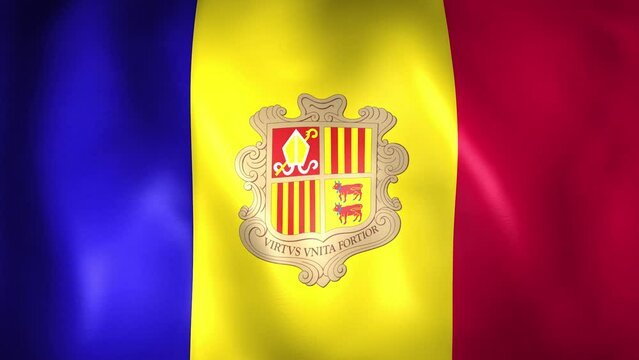 Animation of the Andorran flag. 4K. Andorra flag flying, Principality of Andorra flag render animation	