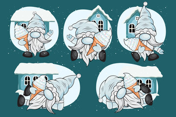 Christmas gnomes collection Vector Illustration. Dwarf Santa on a transparent background