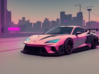a pink sports car driving on a city street, 