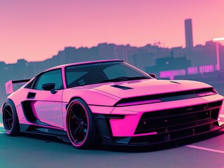 a pink sports car parked in front of a city, cyberpunk art