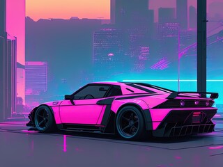 Obraz na płótnie Canvas a pink sports car parked in front of a city, cyberpunk art