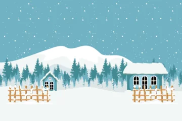 Poster Wintervector. Prachtig landschap in de winter met pijnbomen en besneeuwde bergen. Illustratie van sneeuw die in de kerstperiode valt © Edy