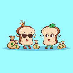 Cute adorable cartoon rich brown bread flexing money illustration for sticker icon mascot and logo