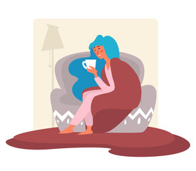 Female character drinking cup of tea or coffee