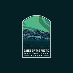 Gates of Arctic national park vector template. Alaska landmark illustration in patch emblem style.