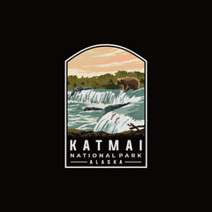 Katmai national park vector template. Alaska landmark illustration in patch emblem style.