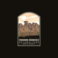 Theodore Roosevelt national park vector template. North Dakota landmark illustration in patch emblem style. - obrazy, fototapety, plakaty