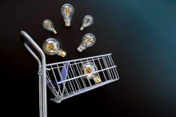 electricity price.Electric lamps set and in a shopping cart on black chalk board background.Rising...