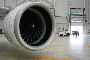 Astana, Kazakhstan - 10.17.2022 : Repair of the turbine of the aircraft in the engineering hangar.