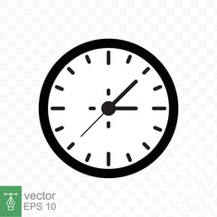 Clock icon. Simple flat style. Circle wall clock face, black analog clock with arrow element, business, technology concept. Vector illustration design isolated on transparent background. EPS 10.